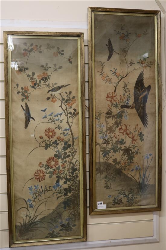 A pair of Japanese watercolours on crepe paper panels depicting birds and flowers, 109 x 36cm